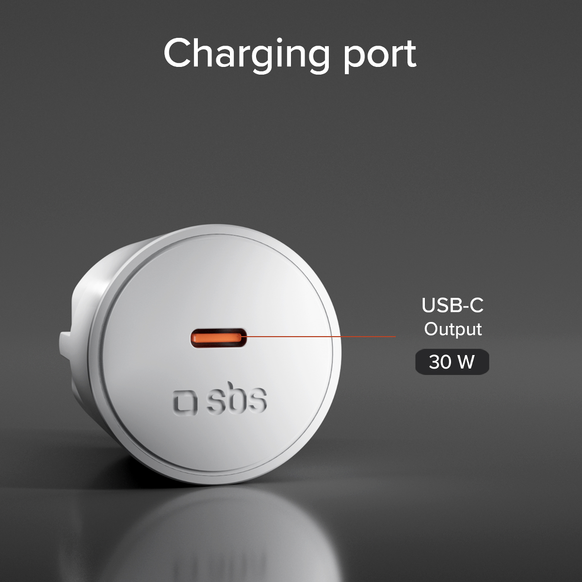 Ein weißer USB-C Ladeadapter mit 30W Leistung.
