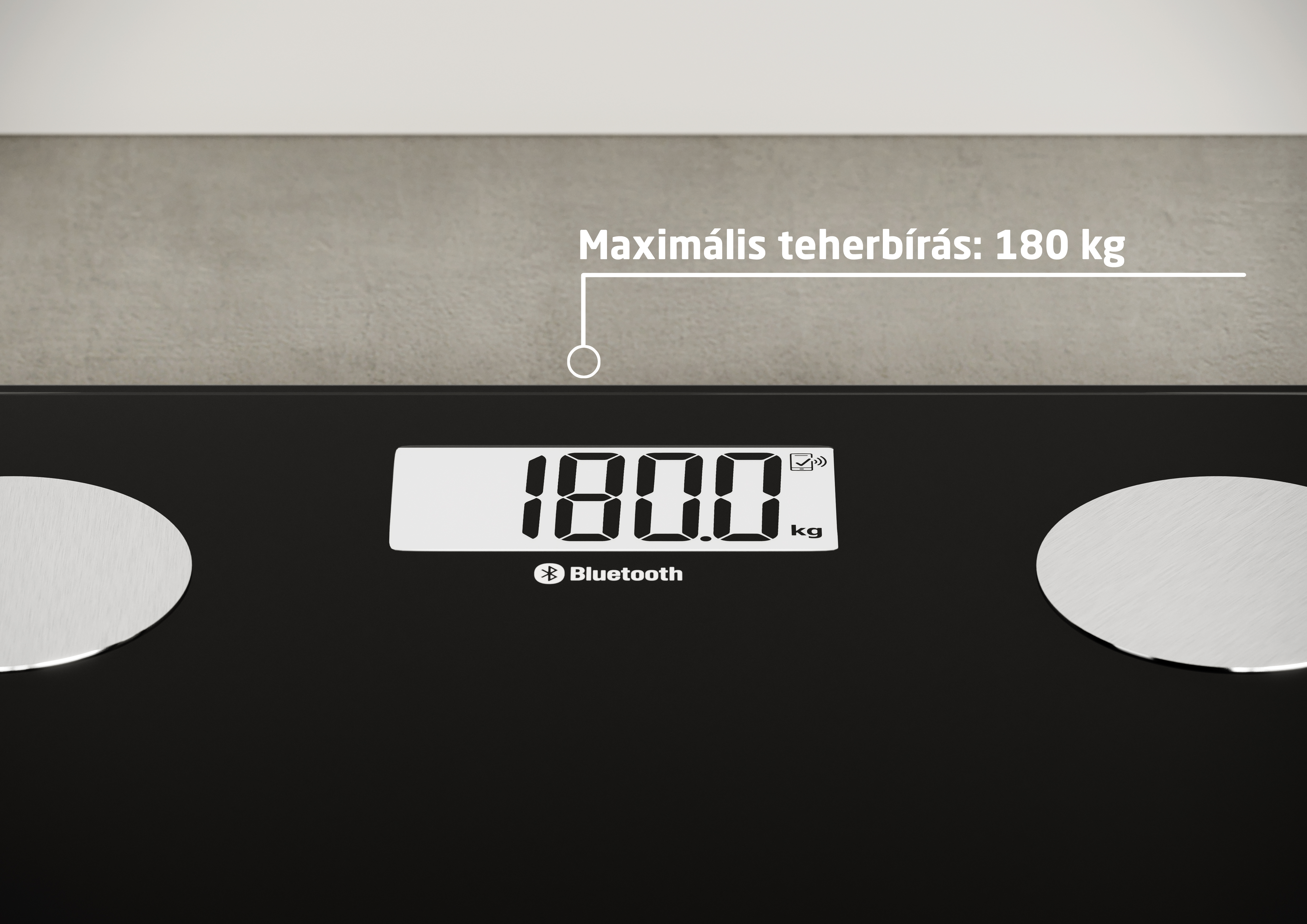 Fekete mérleg digitális kijelzővel 180.0 kg és Bluetooth szimbólummal.