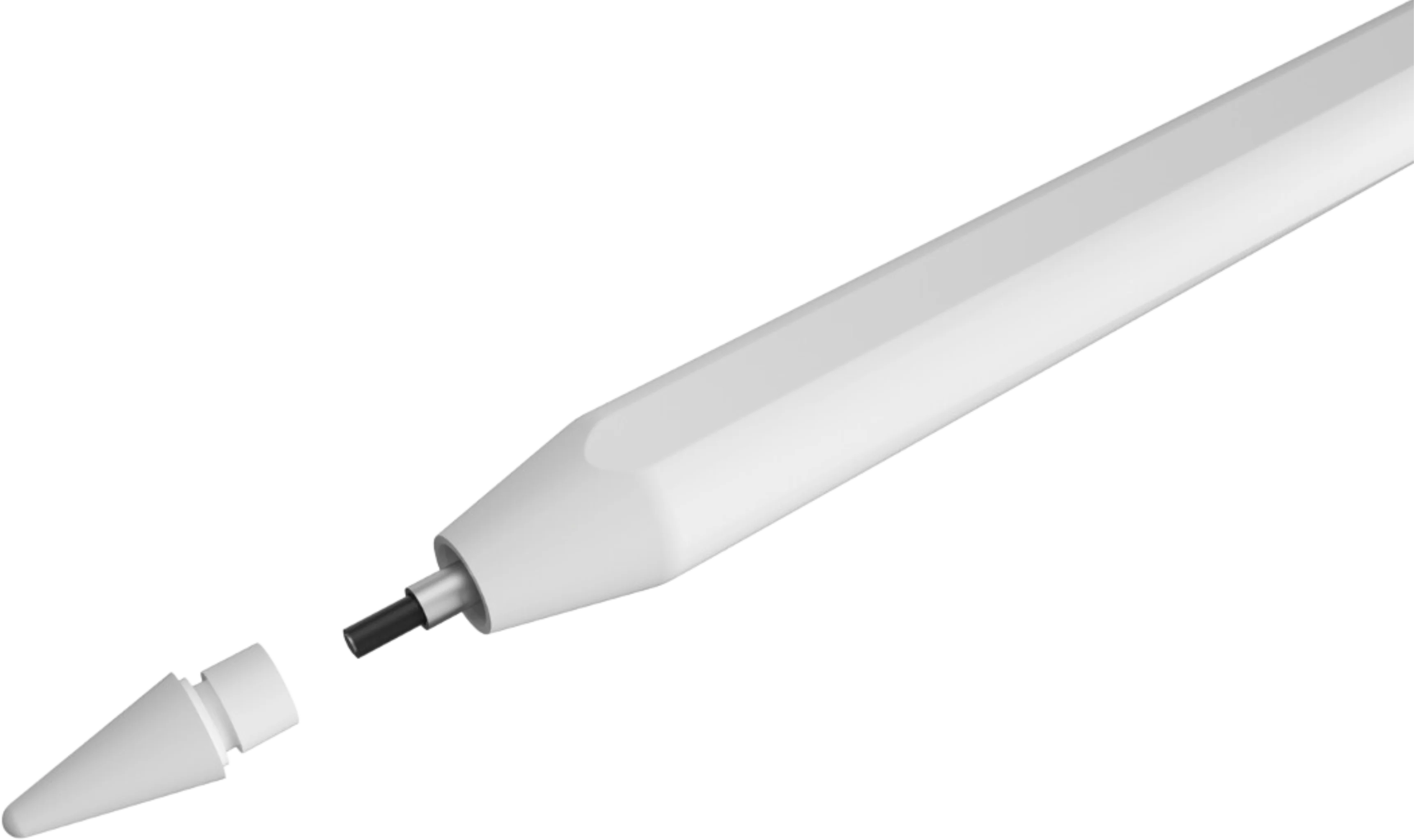 Ein weißer Stift mit abgenommenem weißem Deckel und sichtbarer schwarzer Spitze.