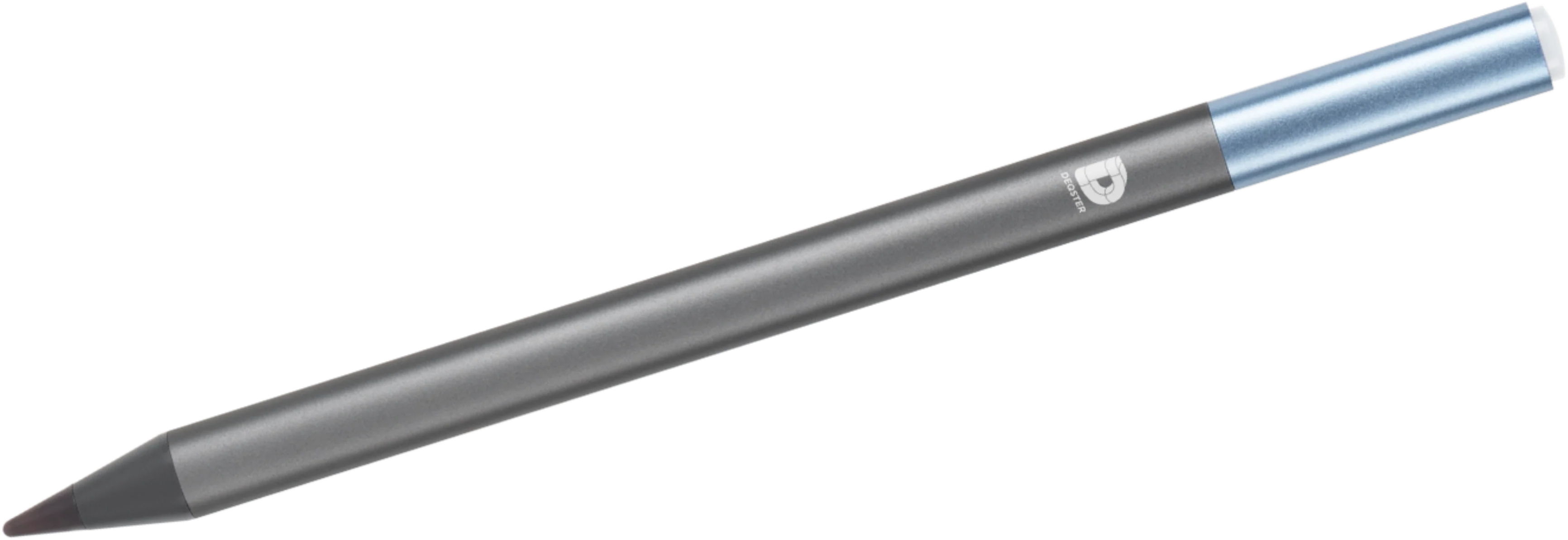 Ein spitzer, grauer Stift mit einem blauen metallischen Ende und einem Logo.