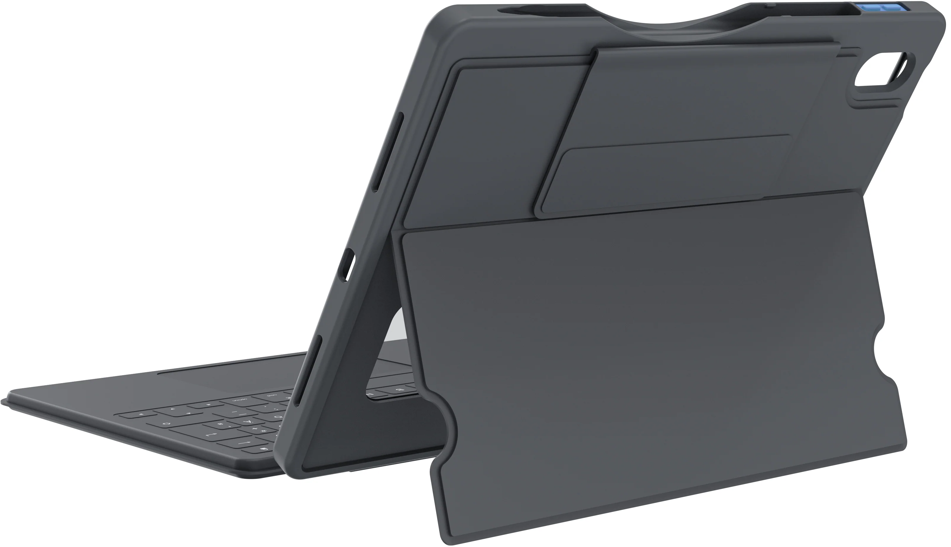 Ein graues Tablet mit Tastaturhülle, im Winkel auf weißem Hintergrund.