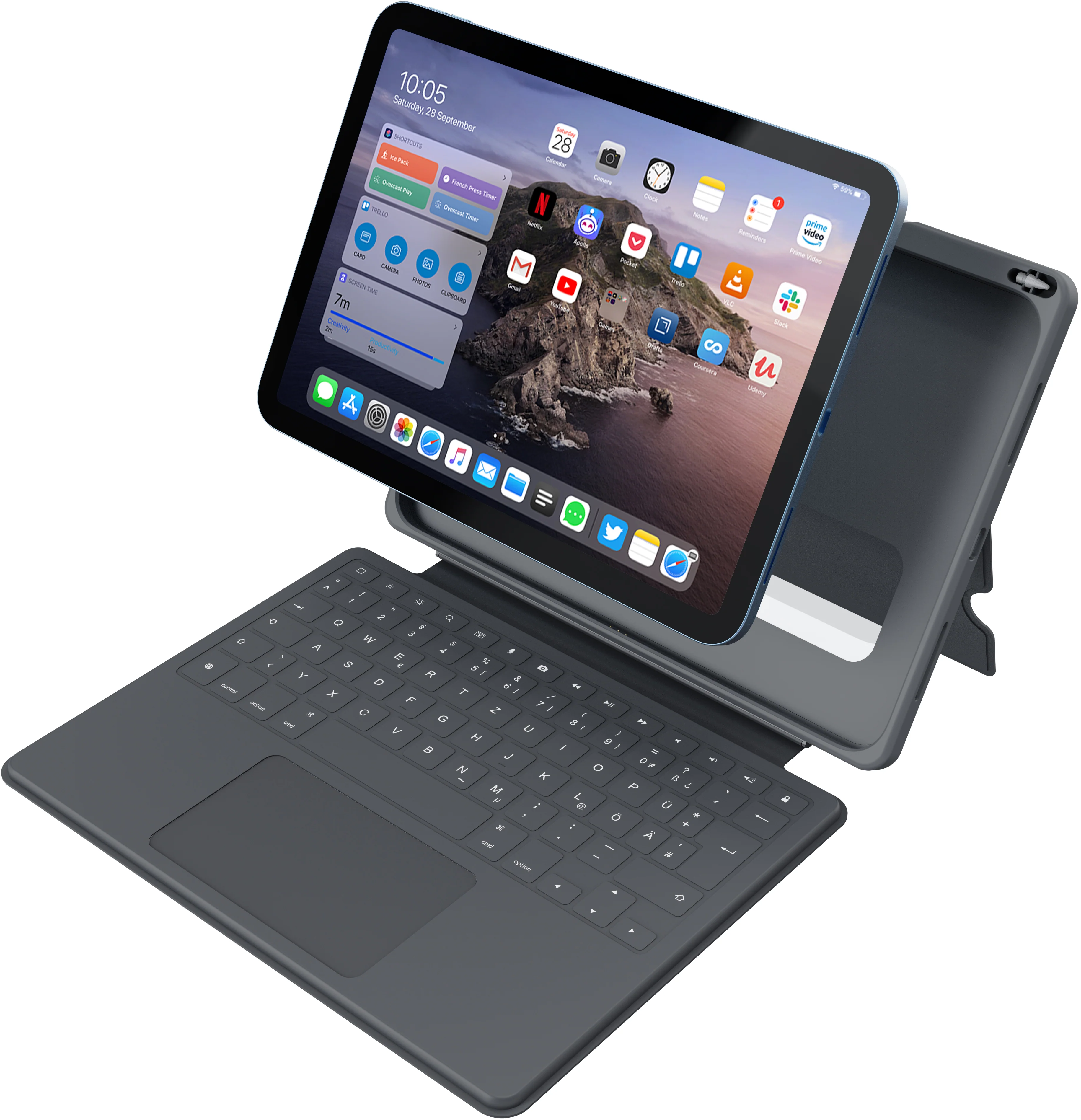 Ein Tablet mit Tastatur und Ständer, das auf einem weißen Hintergrund steht.
