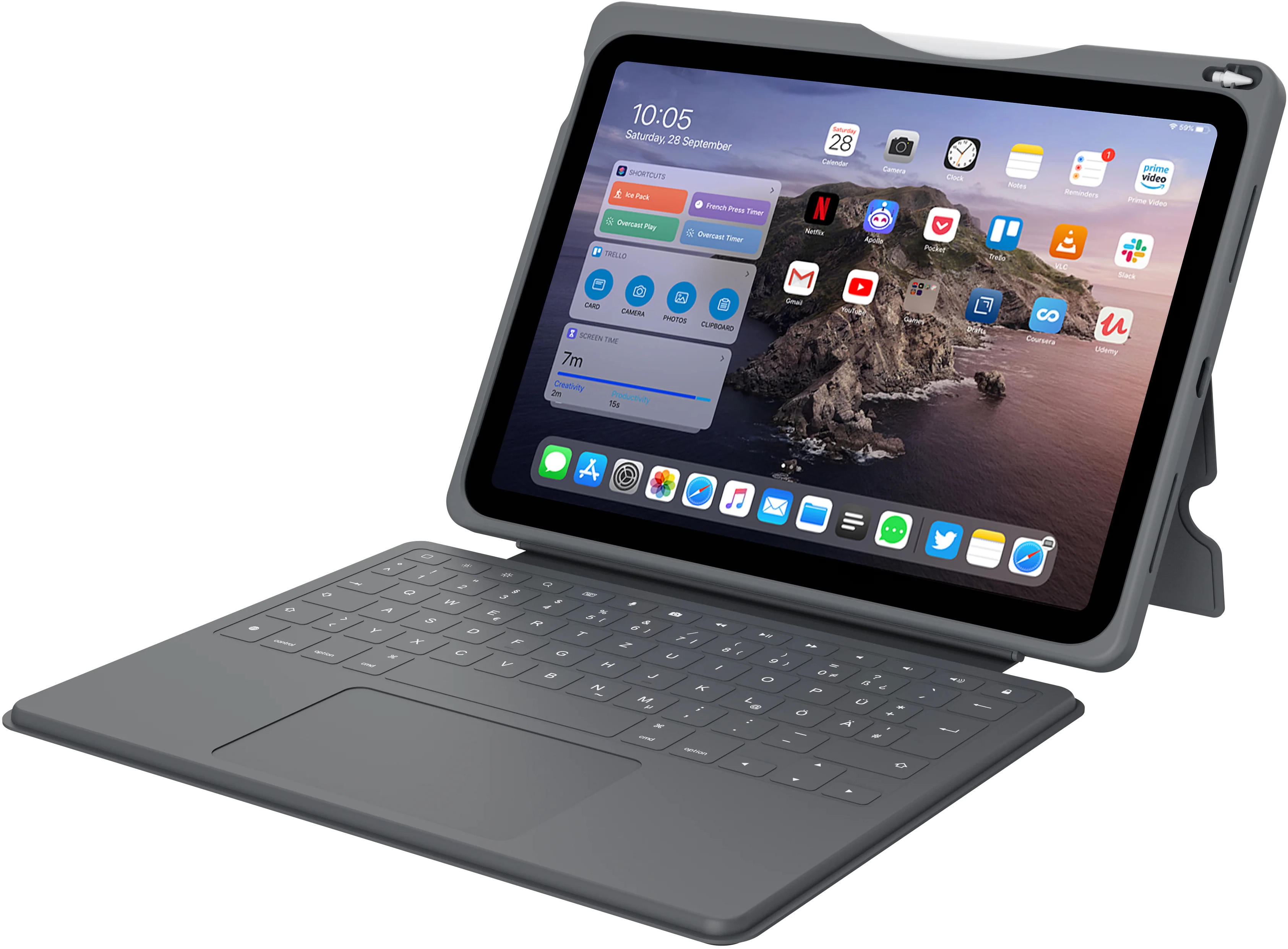 Ein graues Tablet mit Tastatur und Stift. Der Bildschirm zeigt eine App-Übersicht.