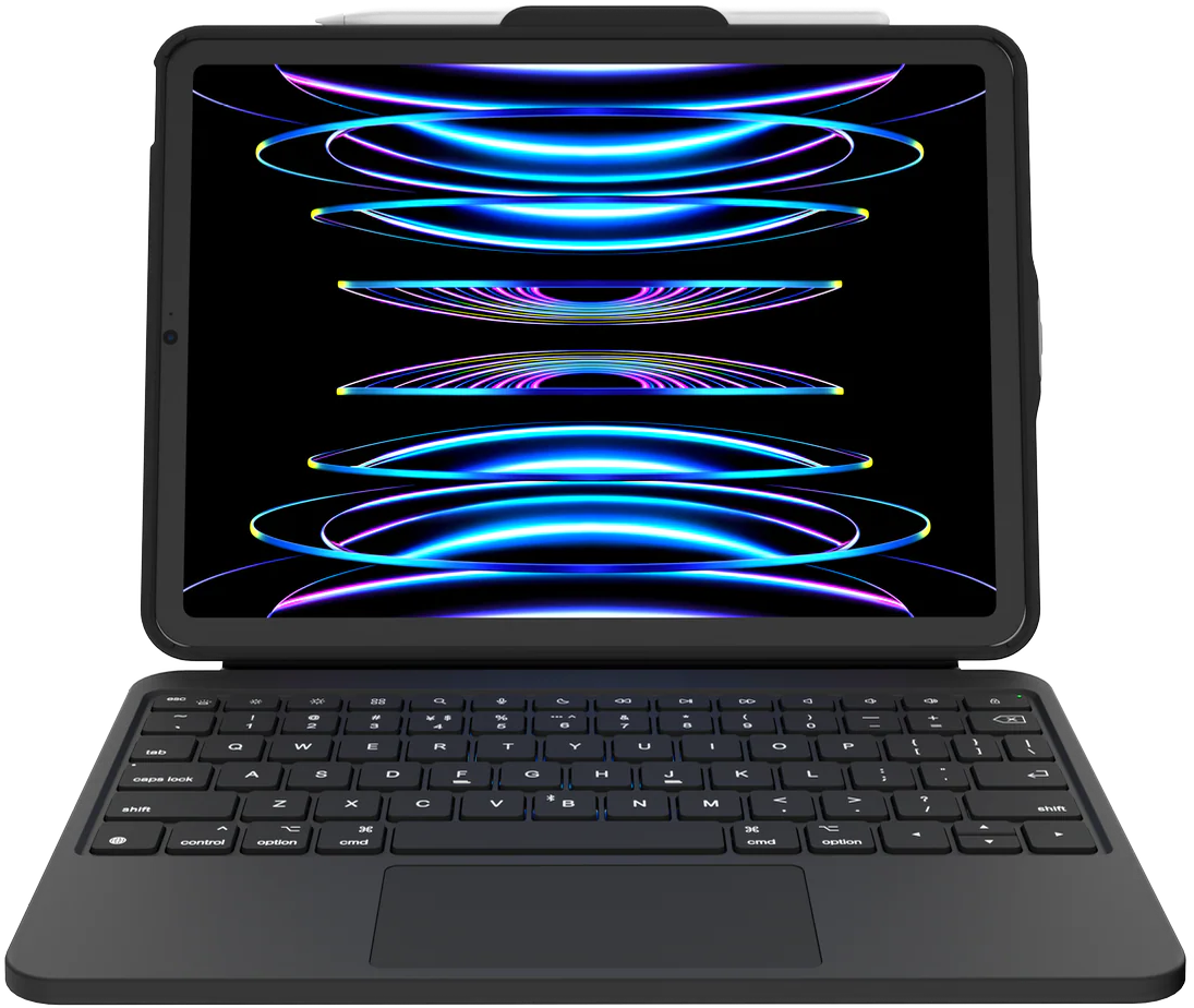 Ein schwarzes Tablet mit Tastatur und Stift, zeigt ein abstraktes Hintergrundbild.