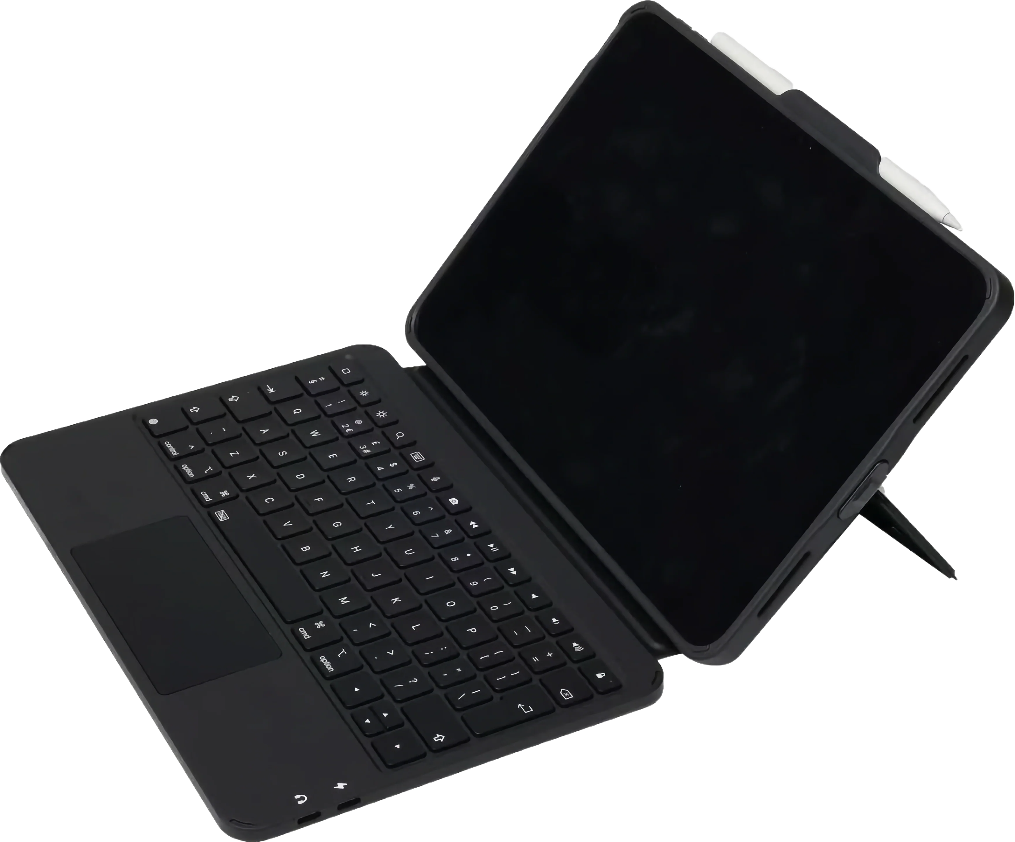 Ein schwarzes Tablet mit angeklappter Tastatur und einem Stift auf dem Bildschirm.