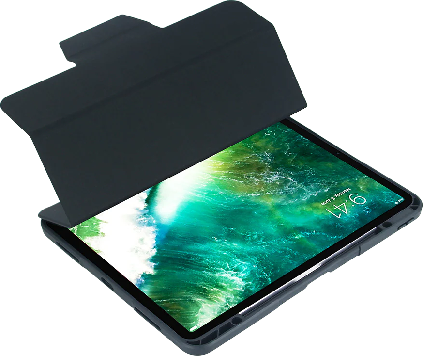 Ein dunkles Tablet mit einer geöffneten Hülle und einem grünen Wellen-Hintergrundbild.