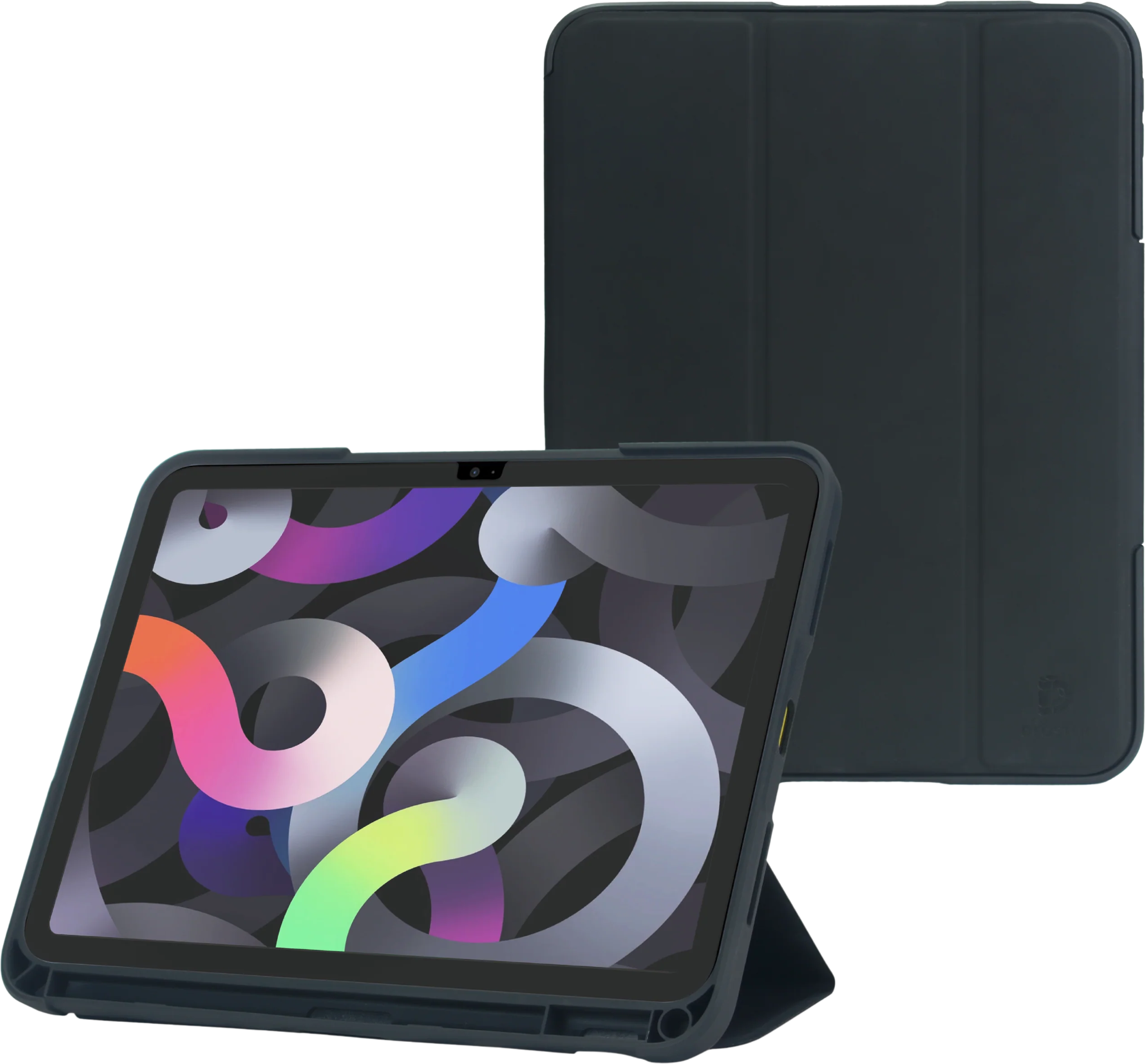 Ein dunkles Tablet mit offenem Klappdeckel und bunten Hintergrundbildern.