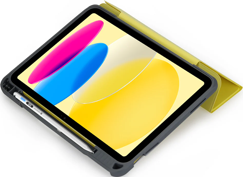 Graues iPad-Etui mit gelbem Aufsteller und Stift. Der Bildschirm zeigt bunte Formen.