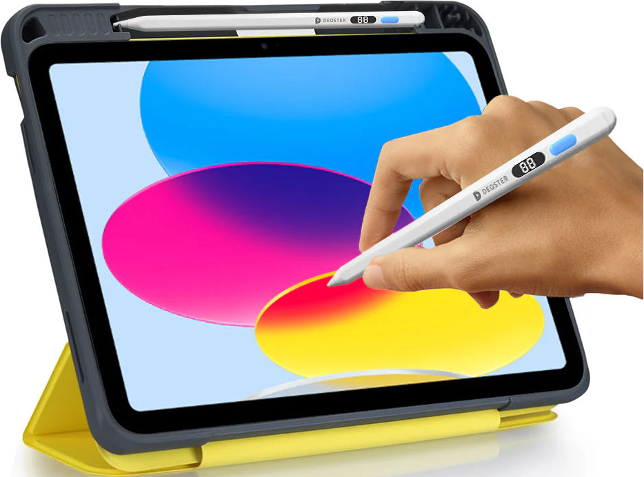 Ein Stift wird auf einem Tablet-Bildschirm mit bunten Kreisen verwendet.
