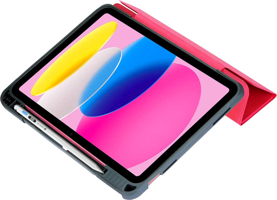 Ein Tablet in einer roten Hülle mit einem Stift daneben.