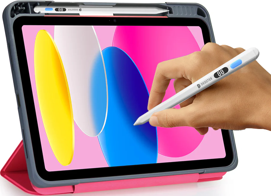 Eine Hand hält einen weißen Stift über einem Tablet mit bunten Formen auf dem Bildschirm.