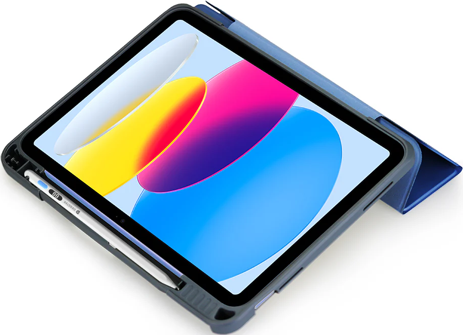Ein graues Tablet mit blauem Stift in einer blauen Hülle, bunte Tapete.