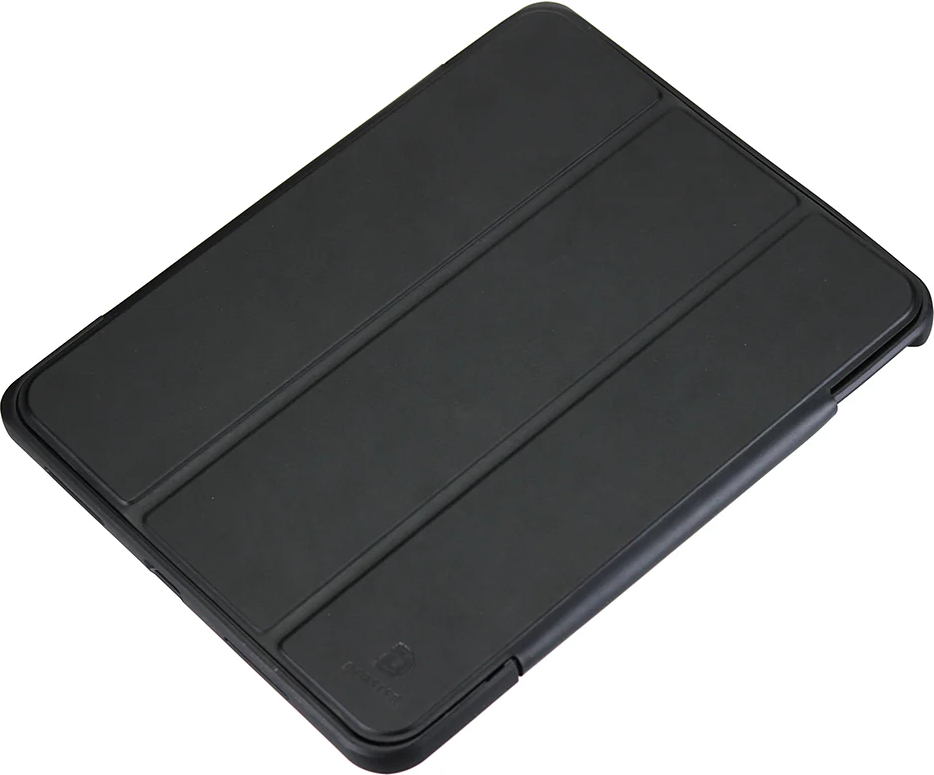 Schwarze Tablet-Hülle mit drei vertikalen Falten auf der Vorderseite.