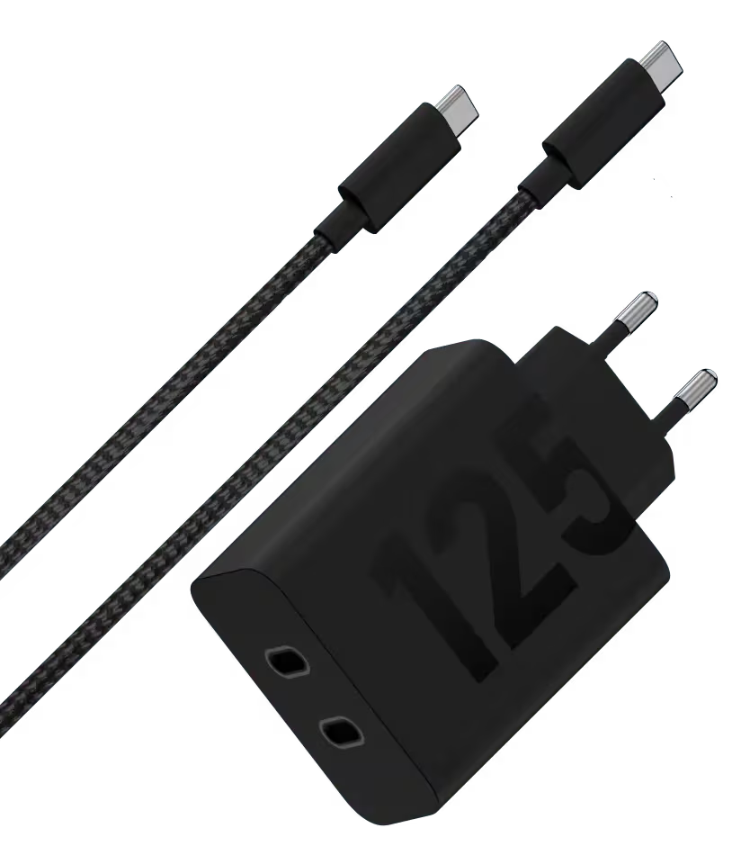 Czarna ładowarka 125W z dwoma kablami USB-C.