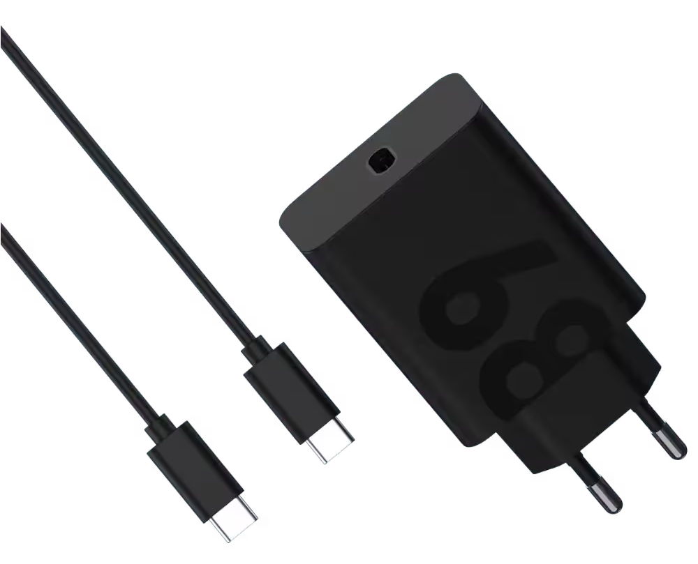 Czarna ładowarka z dwoma kablami USB-C na czarnym tle.