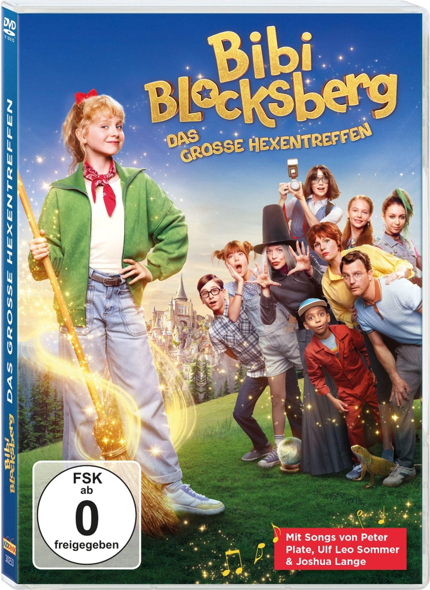 Bibi Blocksberg DVD Cover mit einer Gruppe von Kindern und Erwachsenen, die Zauberei darstellen.