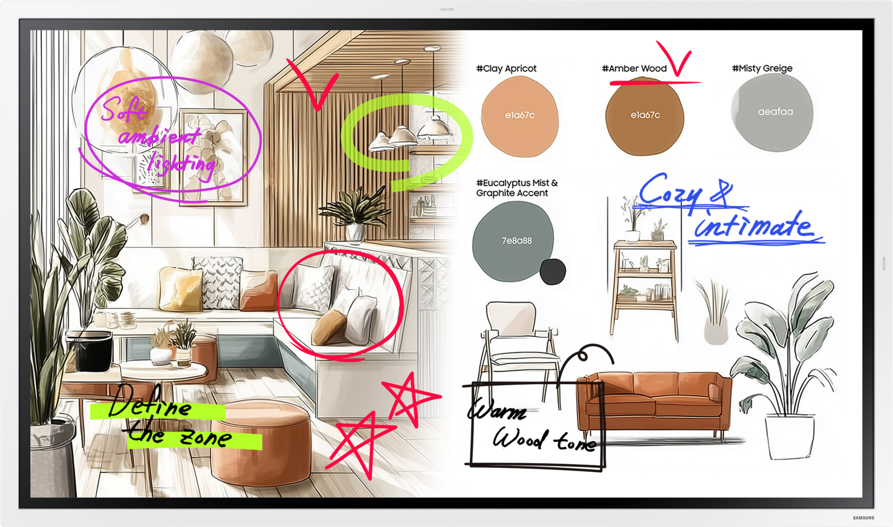 Eine Wohnzimmer-Skizze mit Farben, Möbeln und Text. "Cozy & intimate".