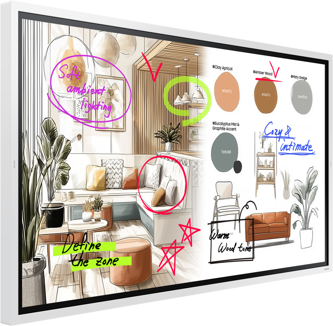 Innenarchitektur-Skizze mit Farbfeldern und handschriftlichen Notizen zu Beleuchtung und Holztönen.
