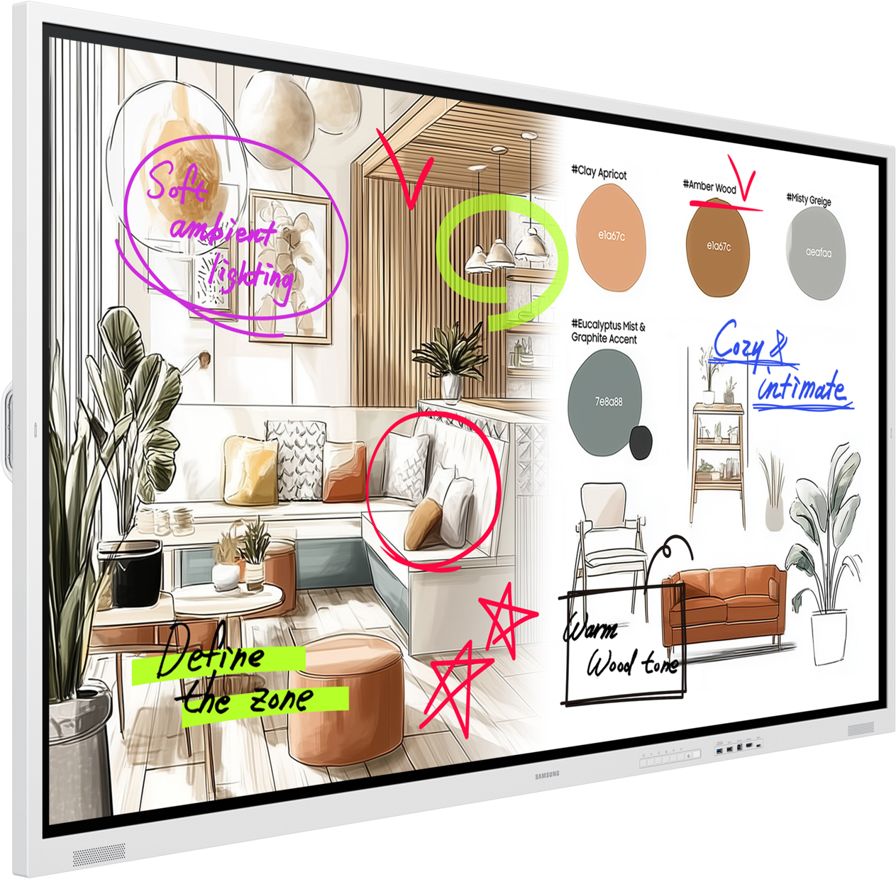 Eine Wohnzimmer-Skizze mit Farbpaletten und Notizen wie 'Define the zone'.