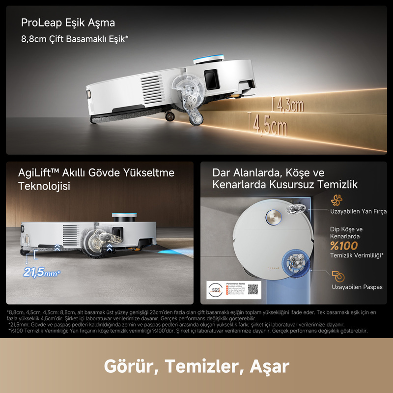 Beyaz robot süpürge eşiği aşıyor. Yükseklik ve temizlik detayları gösteriliyor.