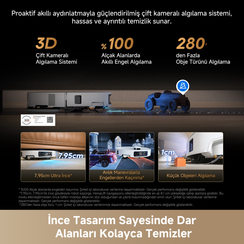 Çift kameral ı robot süpürge 3D algılama kullanır, alçak engellerden kaçınır ve 280'den fazla nesne tanır.
