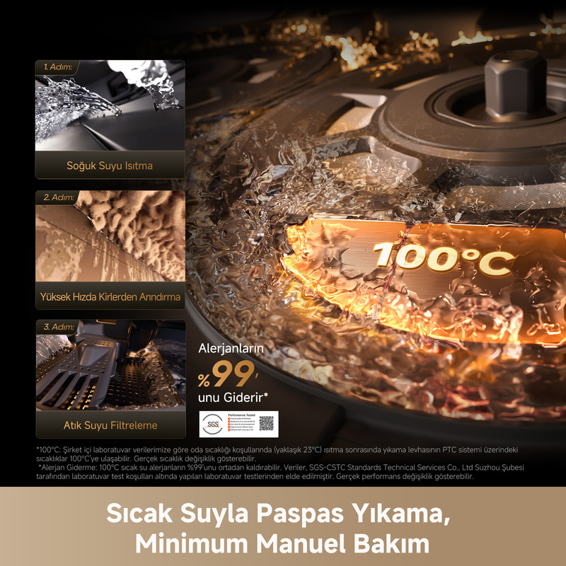 İşlem, suyu 100°C'ye ısıtmayı, yüksek hızda temizlemeyi ve atık suyu filtrelemeyi gösterir.