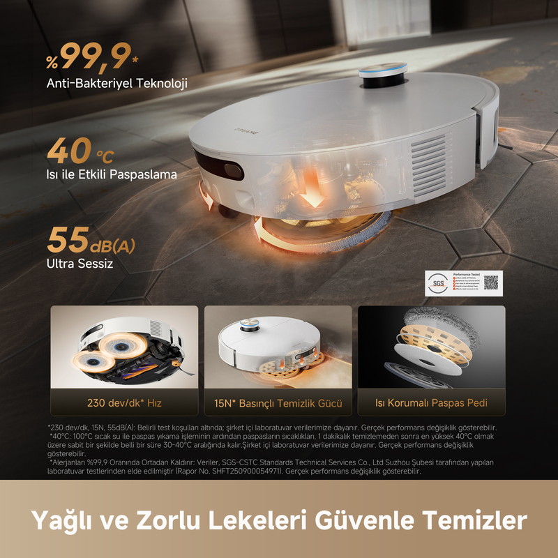 Döner fırçalı beyaz robot süpürge fayans zemini temizliyor. Detaylar: %99,9 Antbakteriyel, 40°C, 55dB.