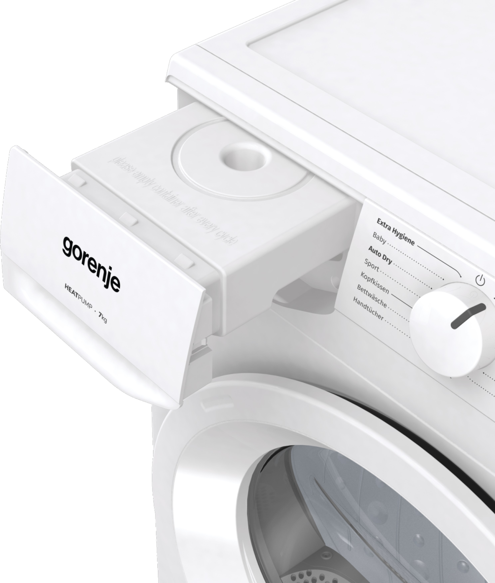 Weiße Gorenje Wäschetrockner-Vorderseite mit Schublade und Bedienfeld.