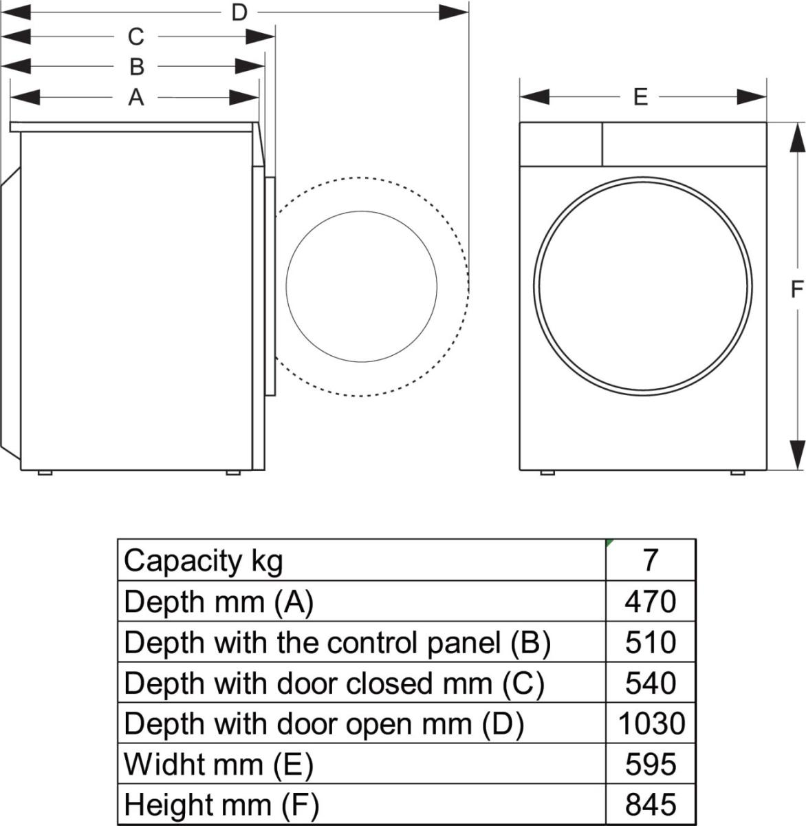 Diagramm mit Vorder- und Seitenansichten einer Waschmaschine mit Abmessungen.