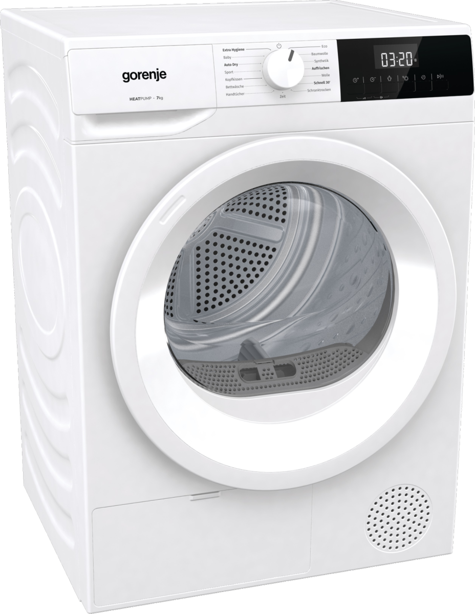Eine weiße Gorenje Wärmepumpen-Waschmaschine mit digitaler Anzeige und Drehrad.
