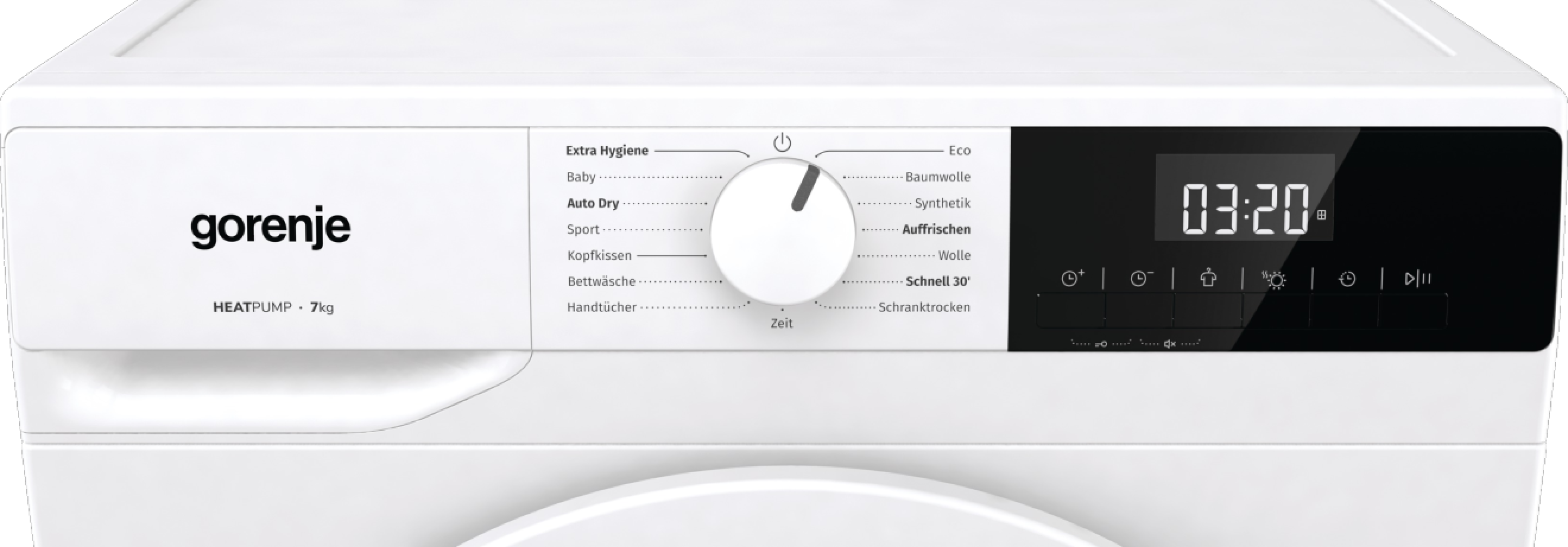 Ein weißer Gorenje Wärmepumpentrockner mit digitalen Anzeigen und einem Wahlrad.