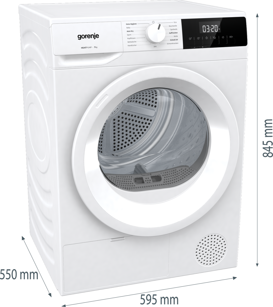 Eine weiße Gorenje Wäschetrockner-Maschine mit einer Anzeige, die 03:20 Uhr zeigt.