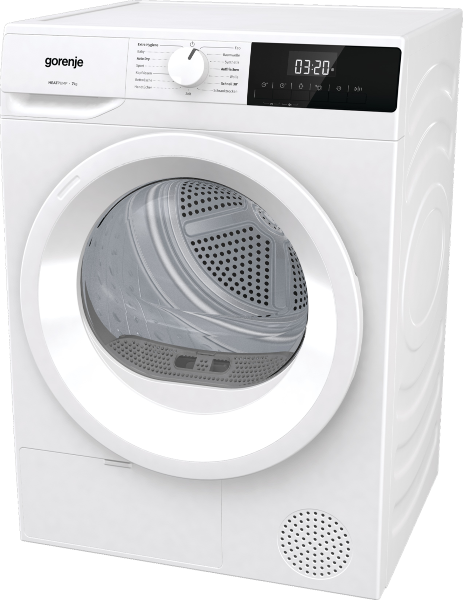 Weiße Gorenje Wärmepumpentrockner mit silberner Trommel und digitalem Display.
