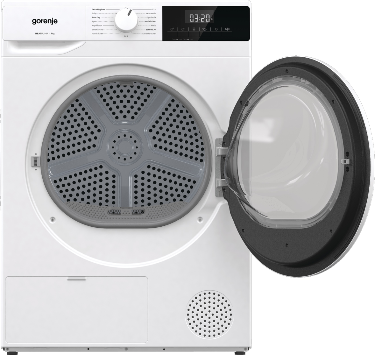 Weiße Gorenje Wäschetrockner mit offener Tür, Display zeigt 03:20.