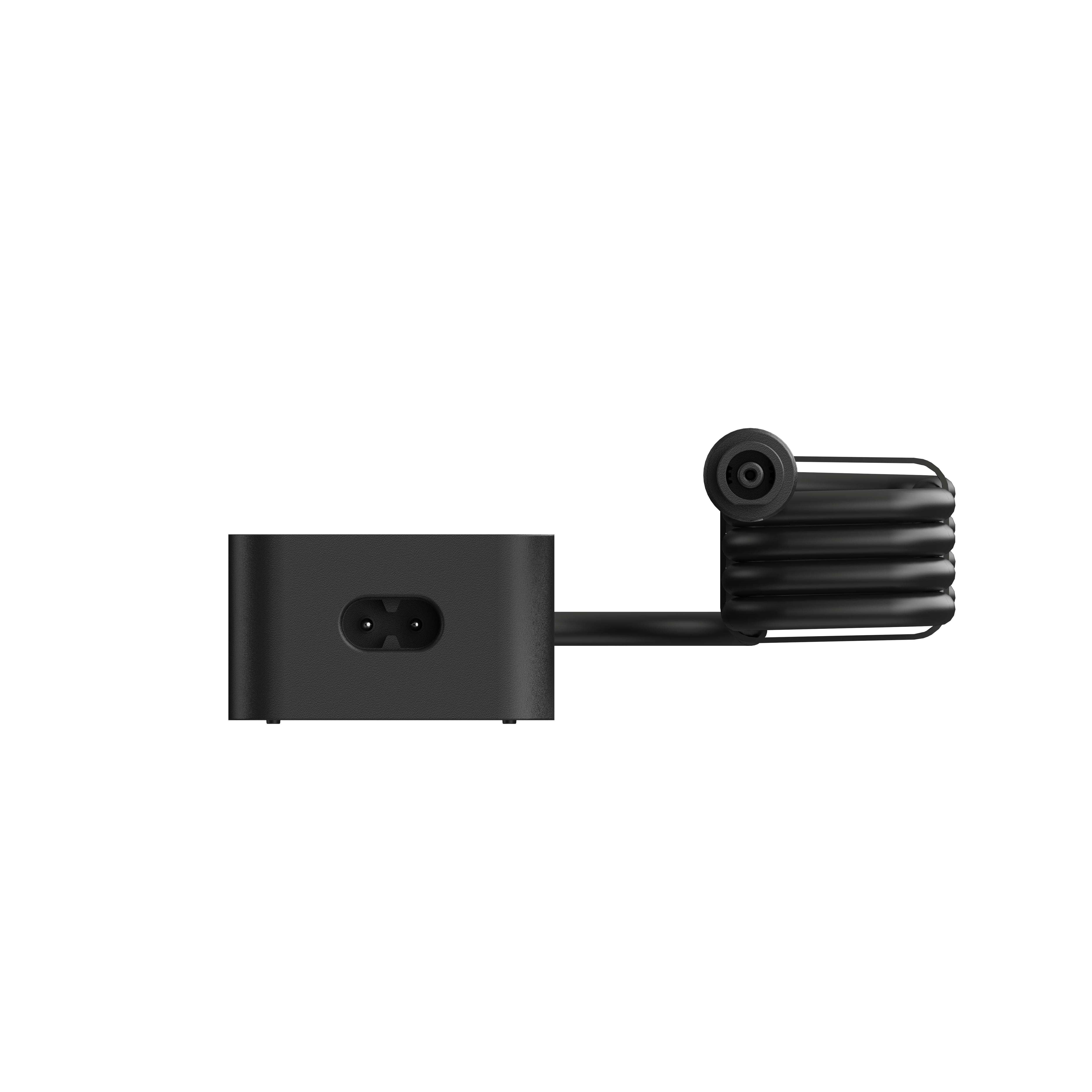 Schwarzes Netzteil mit Kabel, das aufgerollt ist.