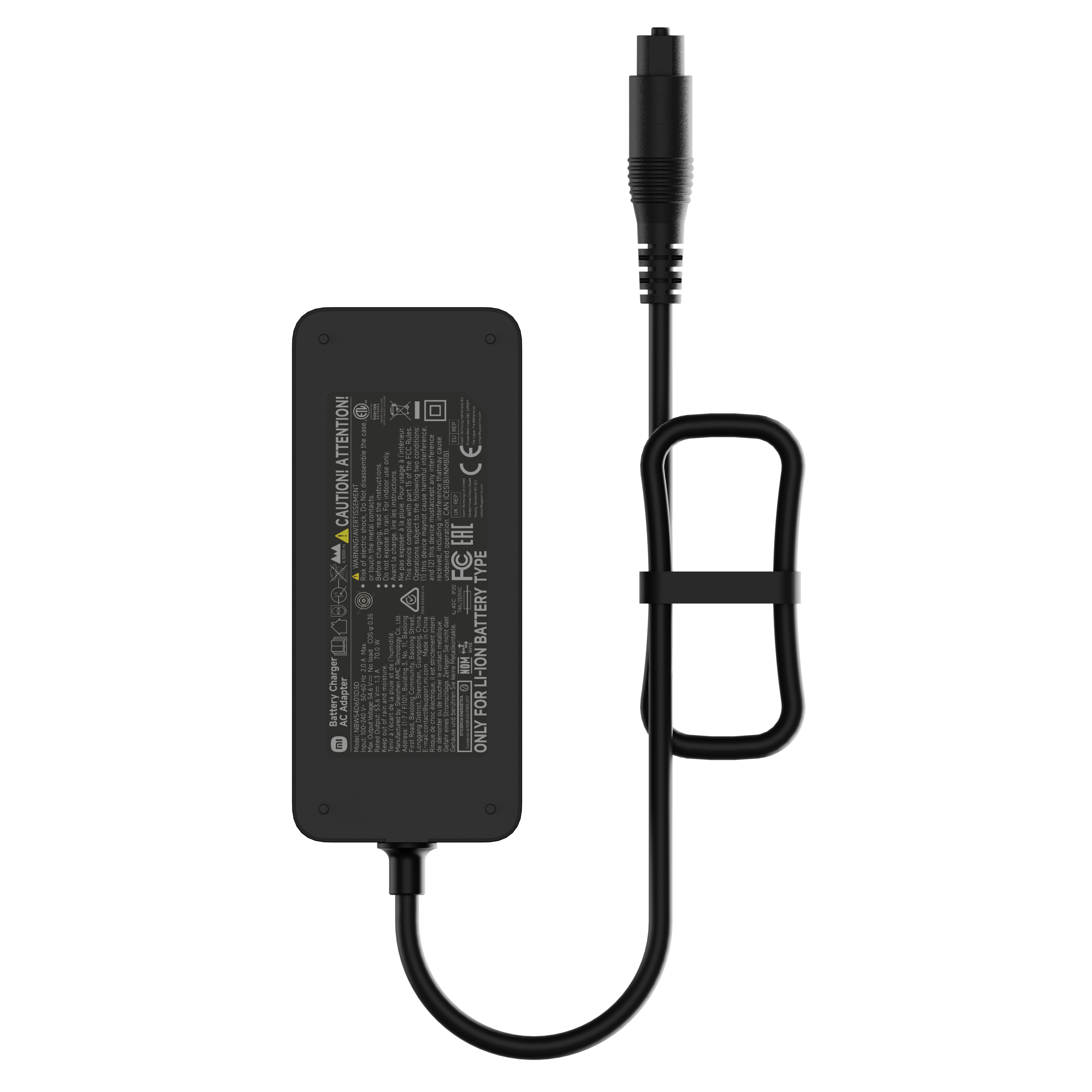Schwarzes Netzteil mit Kabel und Stecker für Li-Ion-Akkus.
