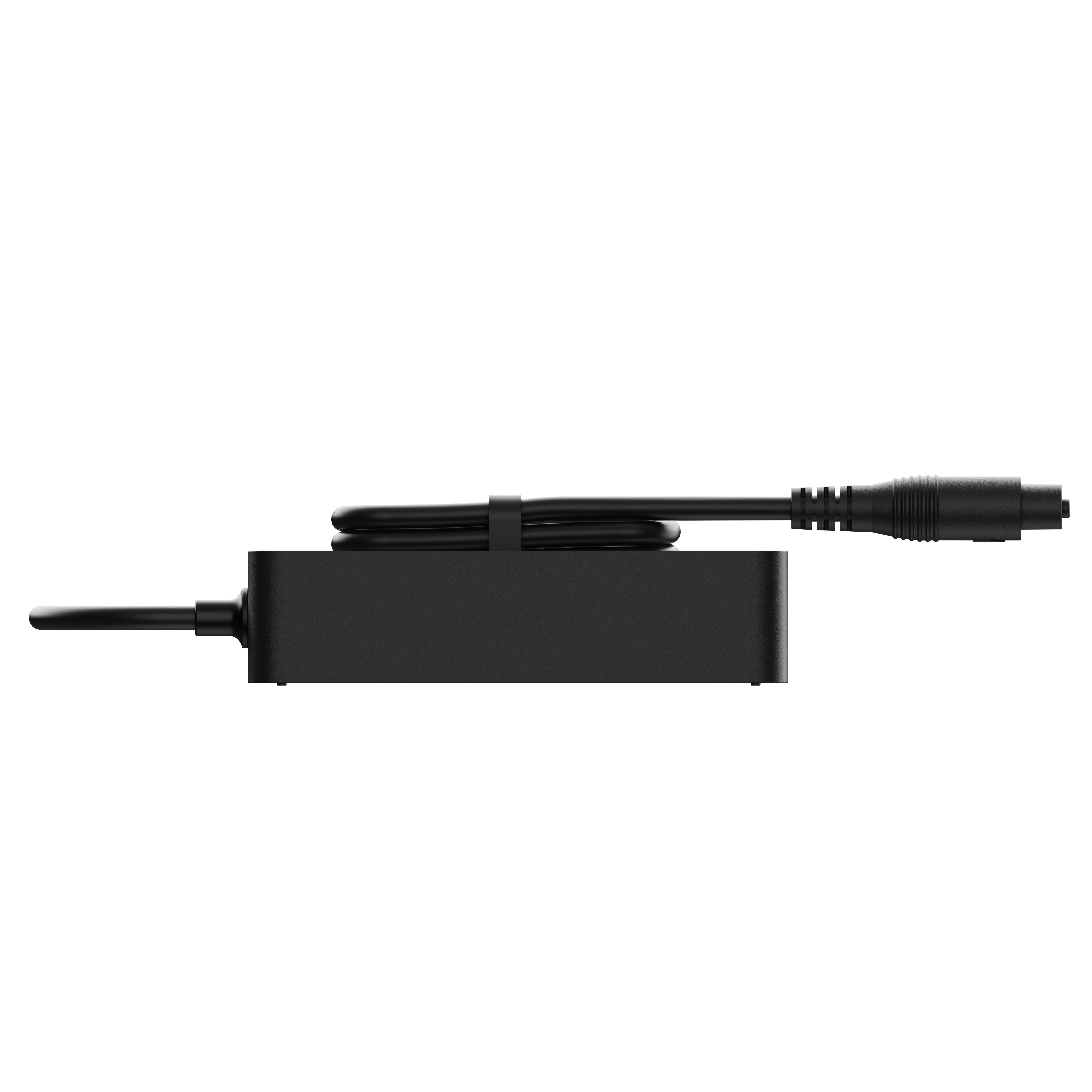 Schwarzes rechteckiges Gehäuse mit Kabel und Stecker, weißer Hintergrund.