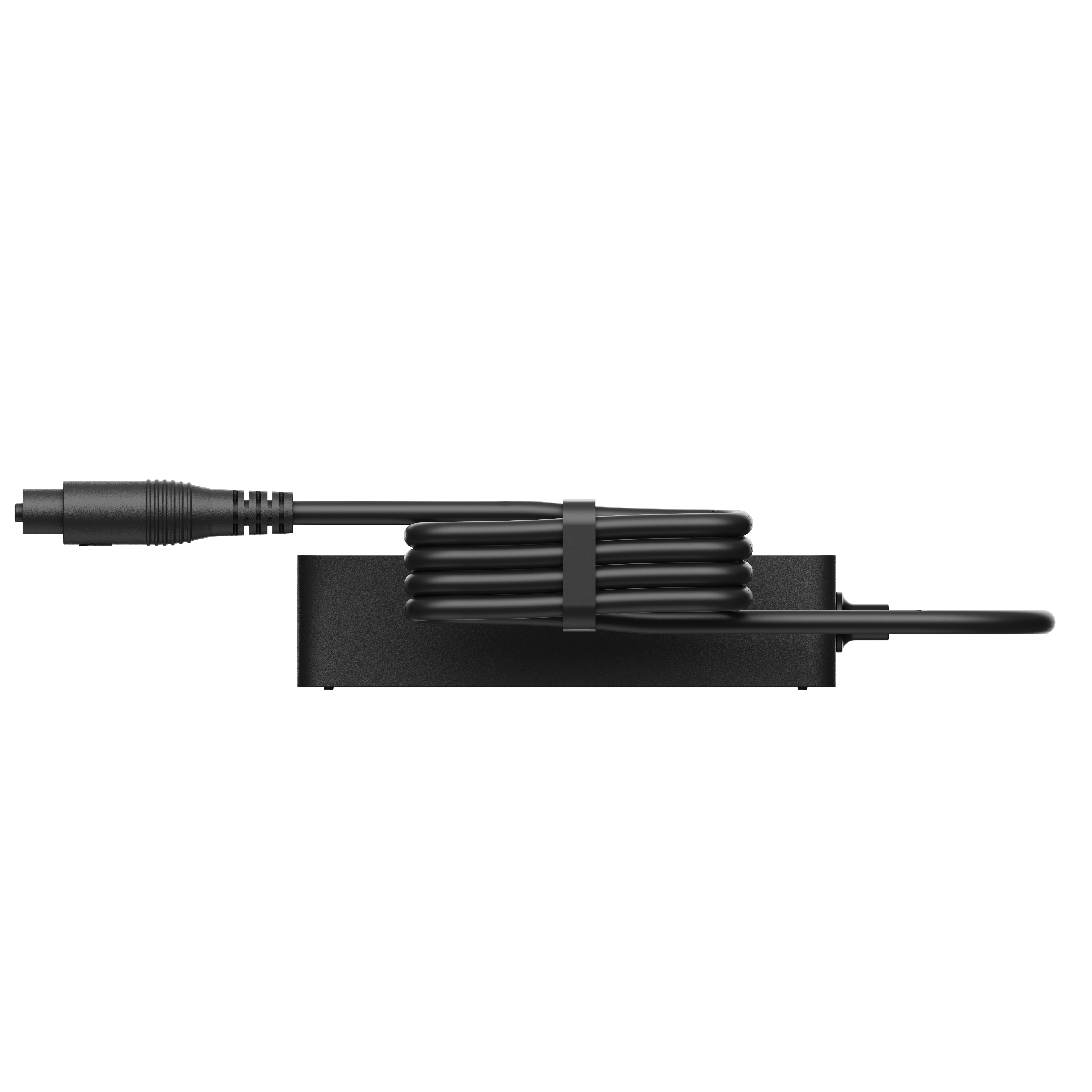 Schwarzer Netzstecker mit Kabelbinder, auf einem schwarzen Netzteil.