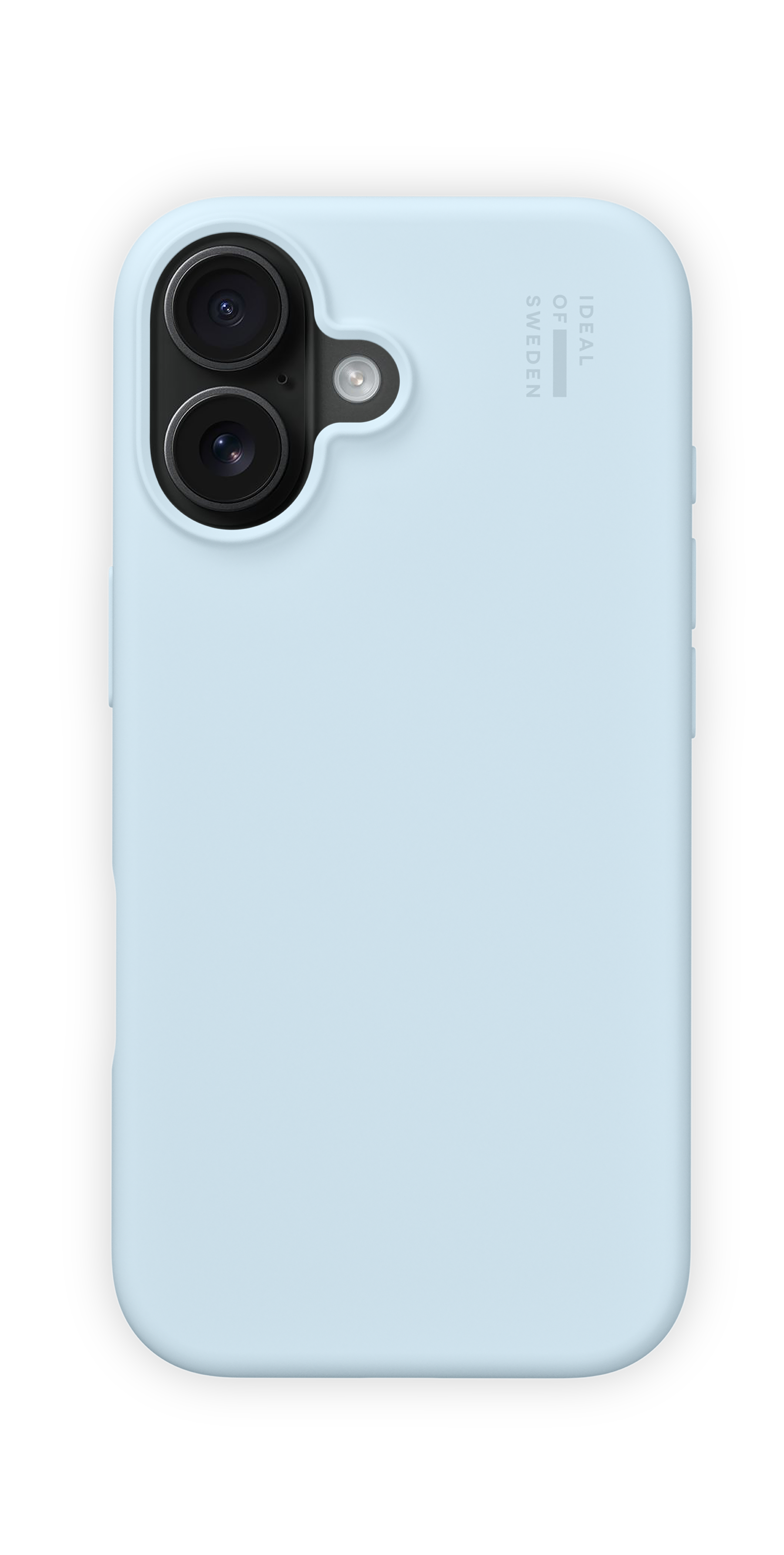 Helles blaues Handycover mit zwei Kameras und Blitz. Ideal of Sweden Schriftzug.