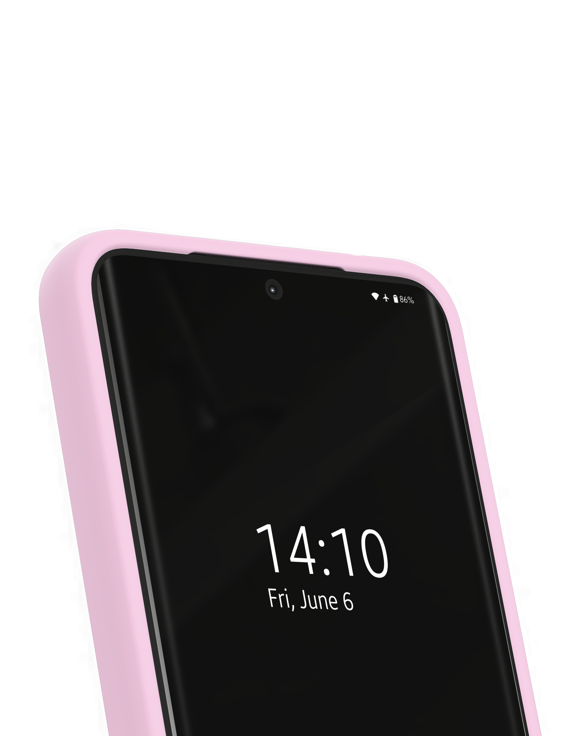 Ein rosafarbenes Handy mit schwarzem Bildschirm, auf dem 14:10 steht.