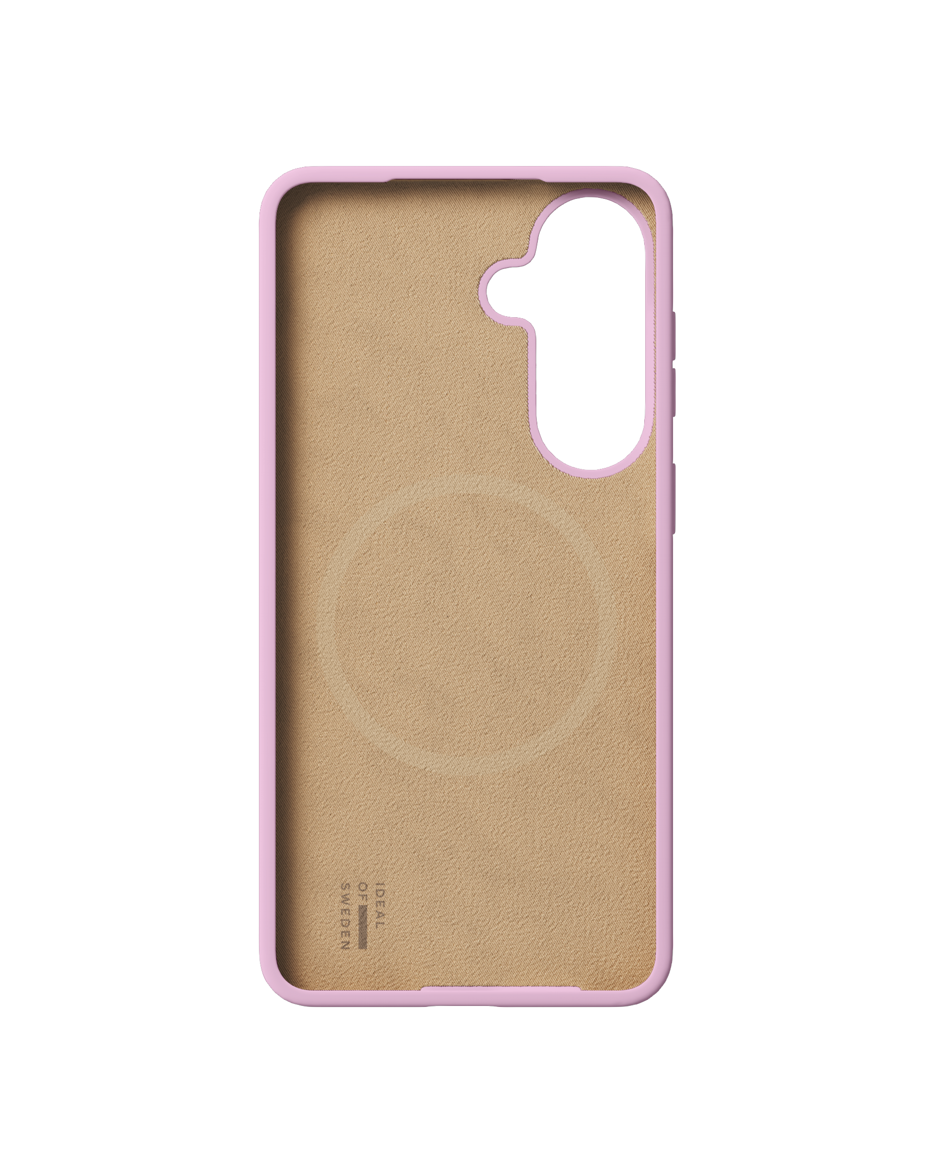 Eine rosafarbene Handyhülle mit beige gefüttertem Inneren und einem kreisförmigen Muster.