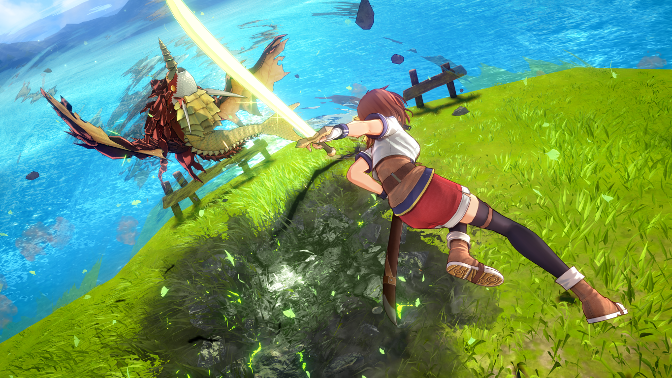 Dziewczyna z mieczem walczy z czerwonym smokiem na zielonym, trawiastym terenie.