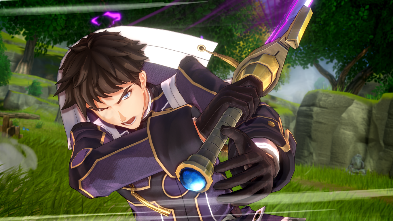 Postać anime z mieczem w walce, fioletowe efekty energii, zielone naturalne tło.