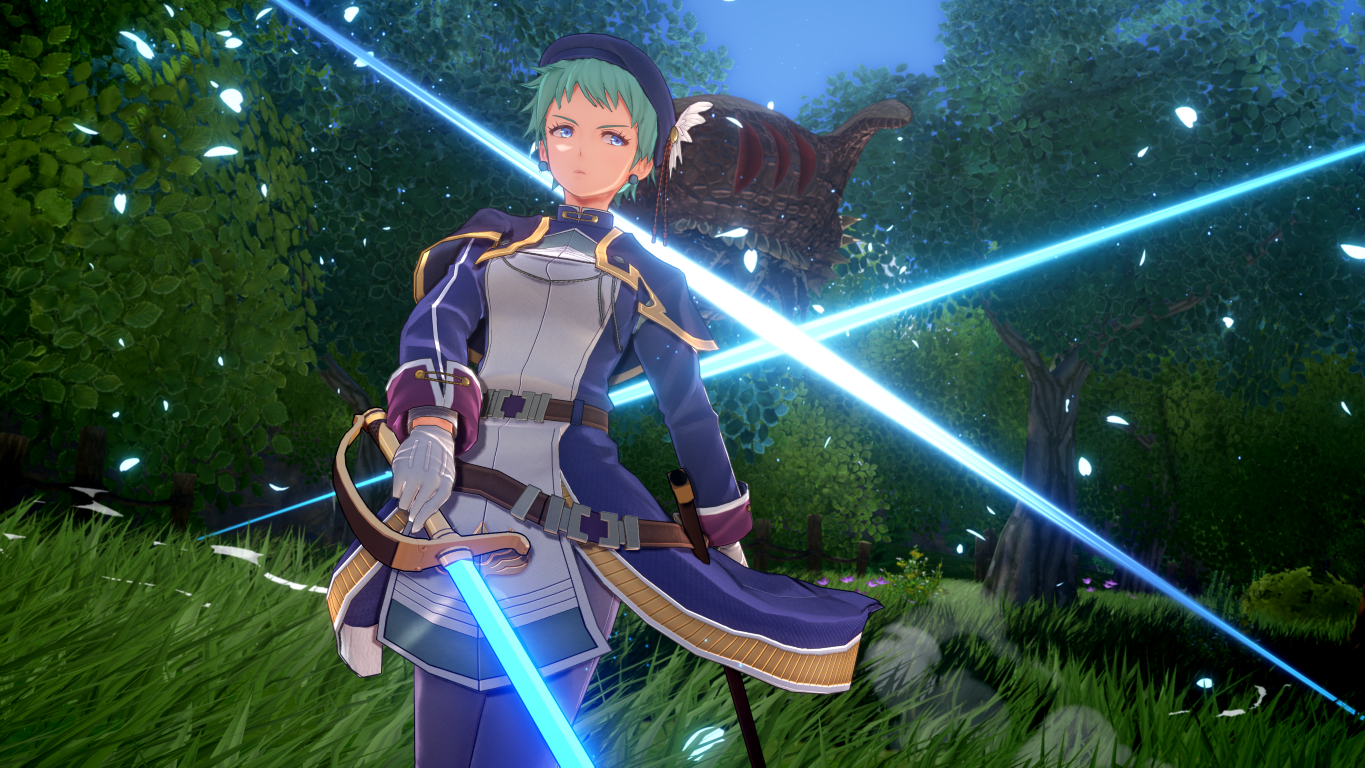 Wojownik z niebieskimi włosami i mieczem stoi w lesie przed potworem.