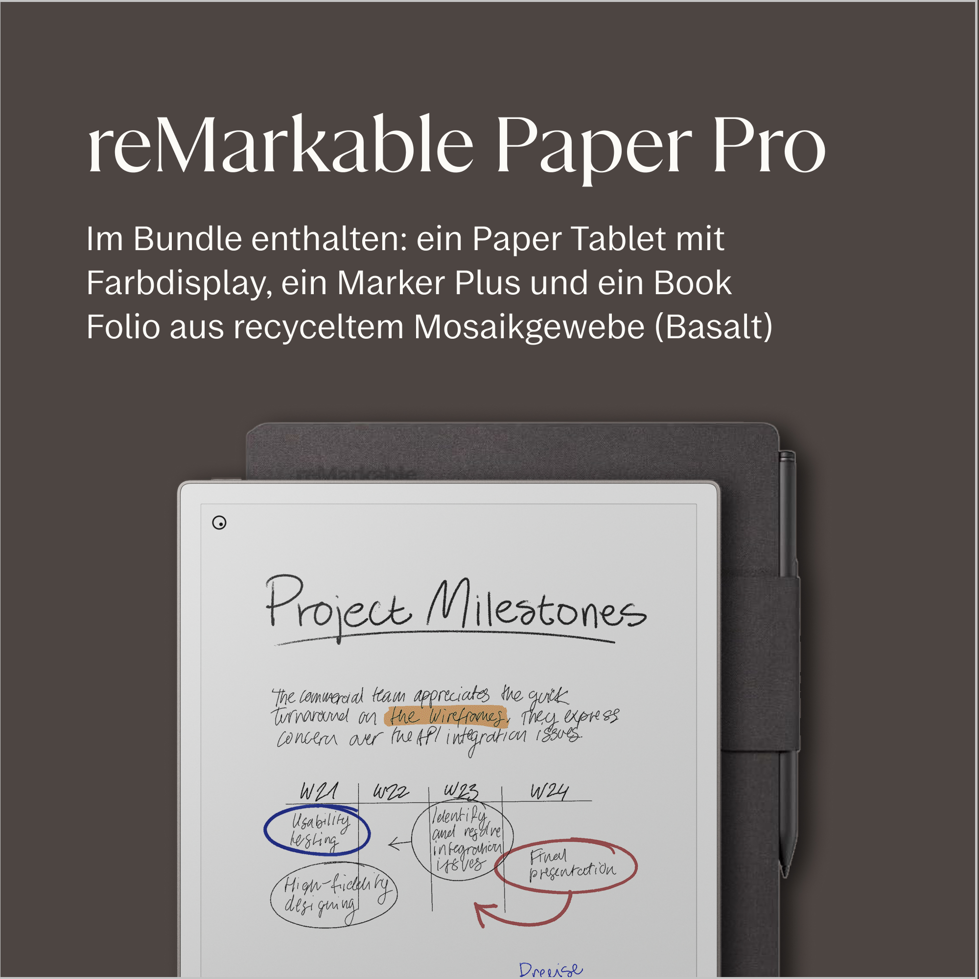 ReMarkable Paper Pro mit Projektmeilensteinen, die Usability-Tests zeigen.