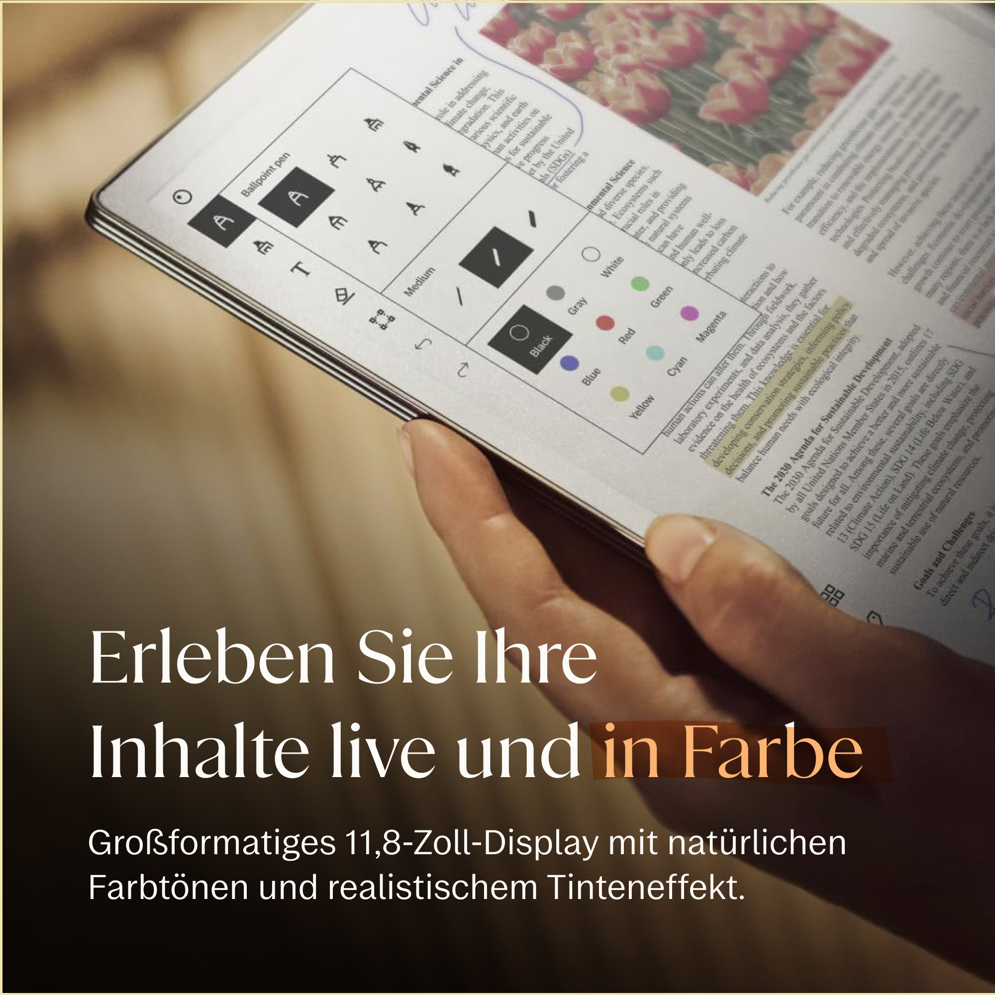 Ein E-Reader zeigt Text und Farbauswahl-Werkzeuge. Ein Finger hält das Gerät.