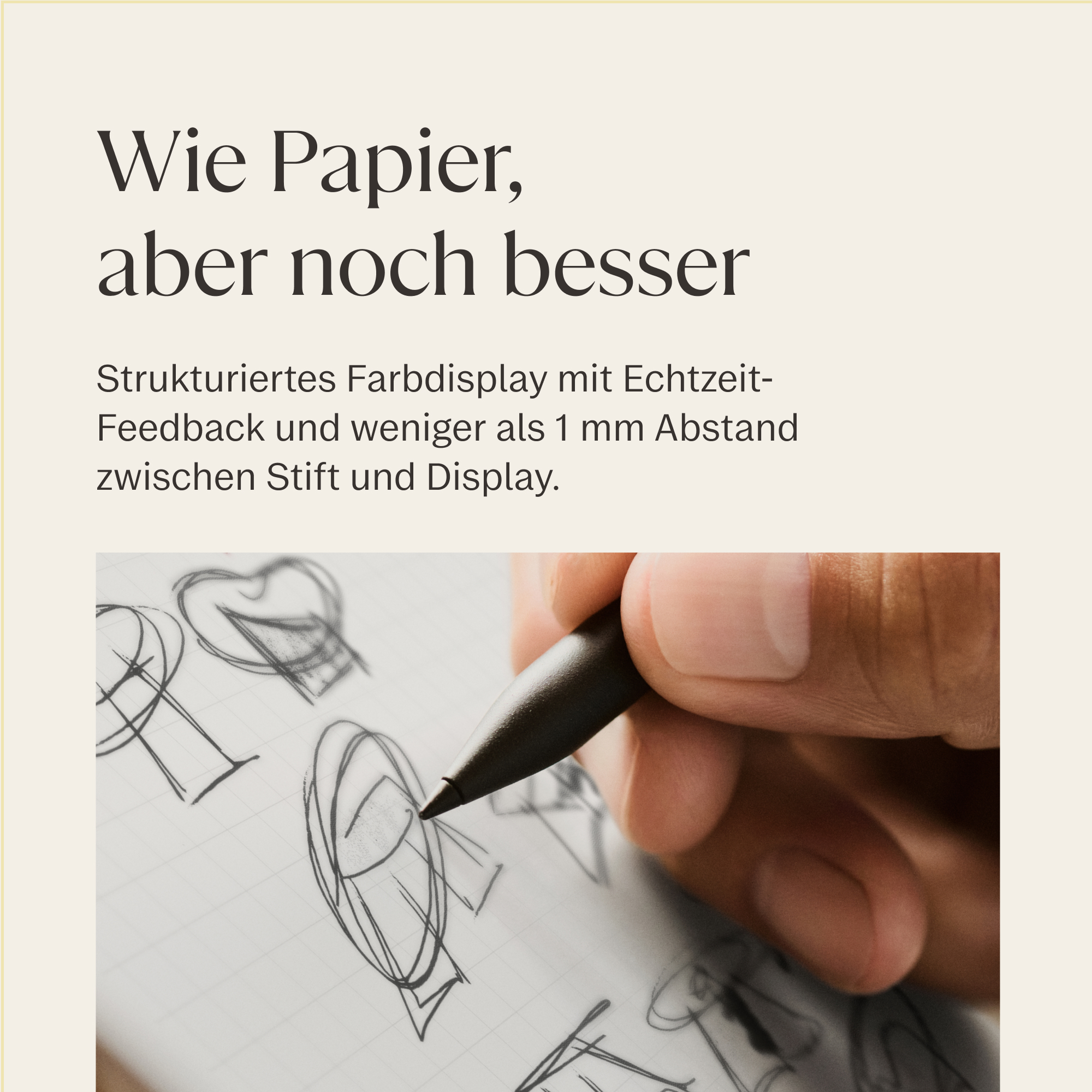 Ein Stift wird über einem Notizbuch mit Skizzen verwendet. Text beschreibt Display.