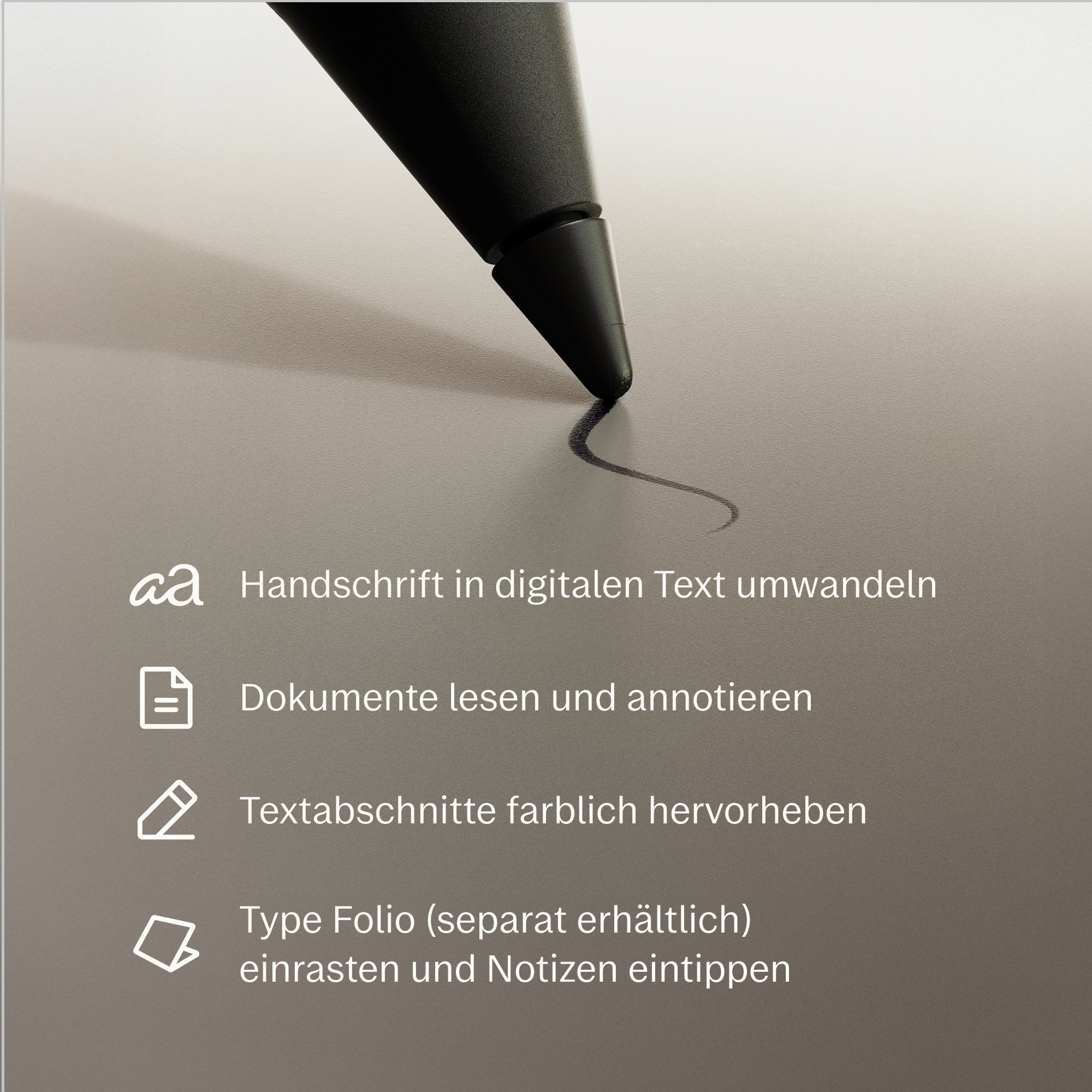 Ein schwarzer Stift schreibt auf grauem Untergrund. Listet Funktionen auf.