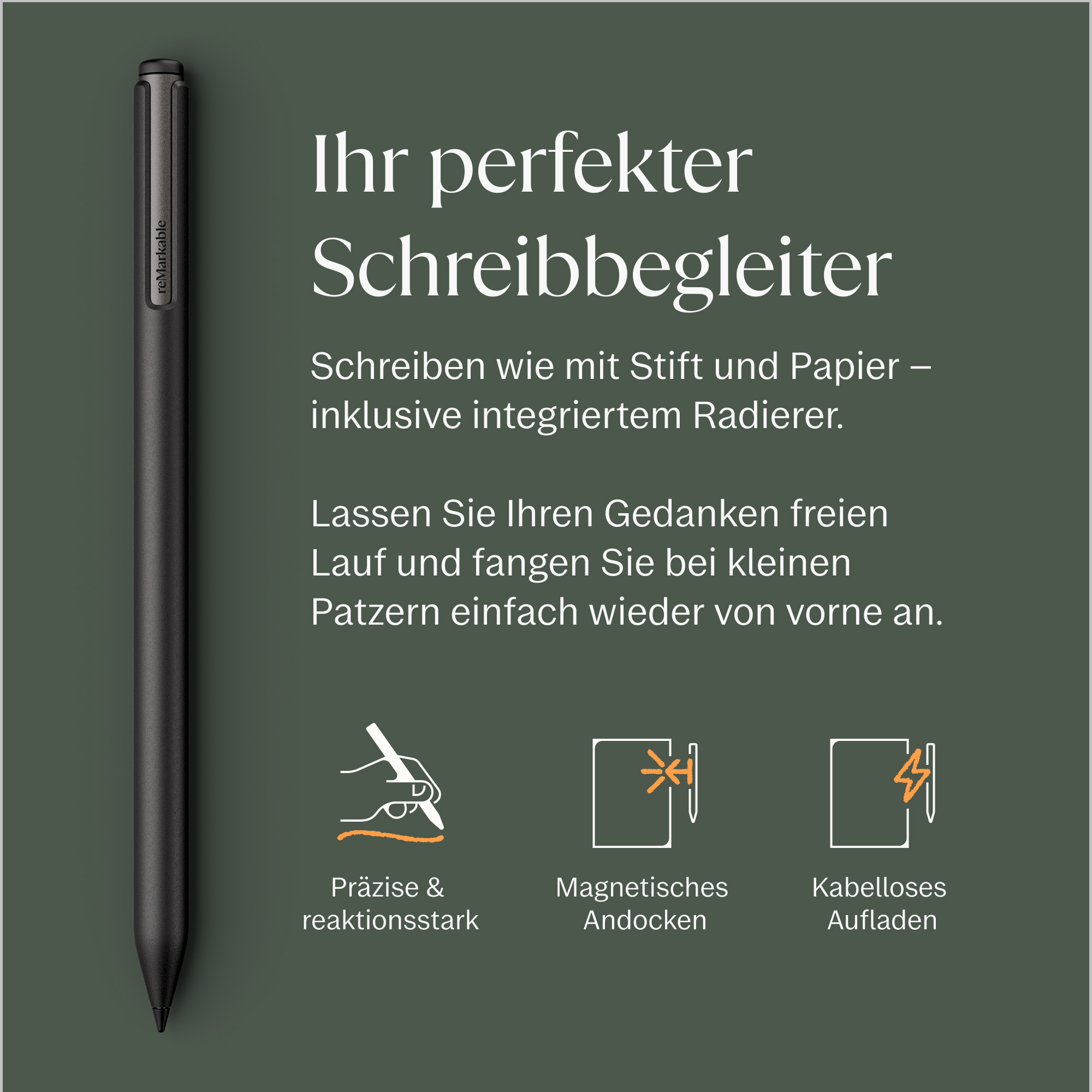 Ein schwarzer Stift liegt neben Text über das Schreiben auf einem Tablet.