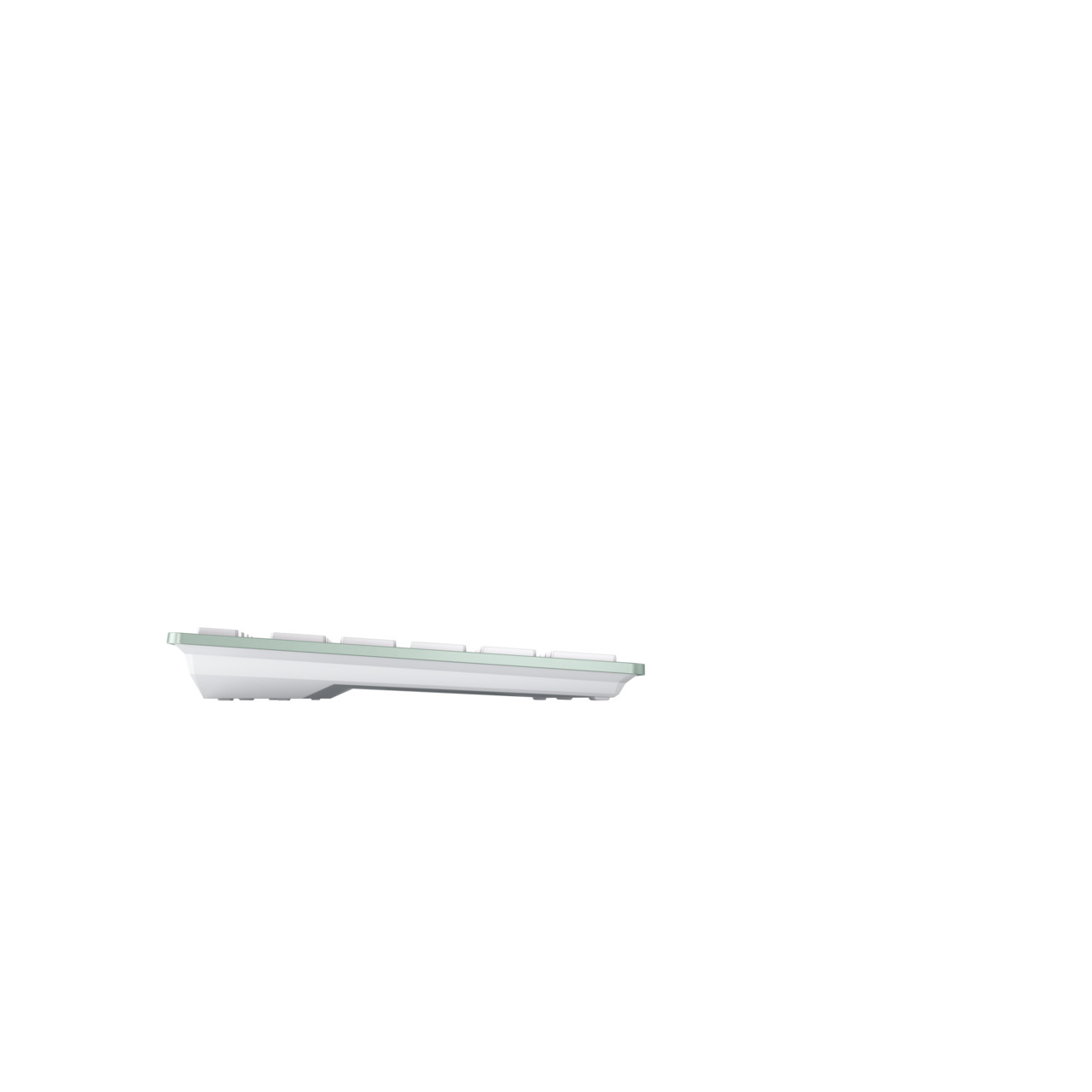 Eine weiße Tastatur mit mintgrünem Rand liegt auf einem weißen Hintergrund.